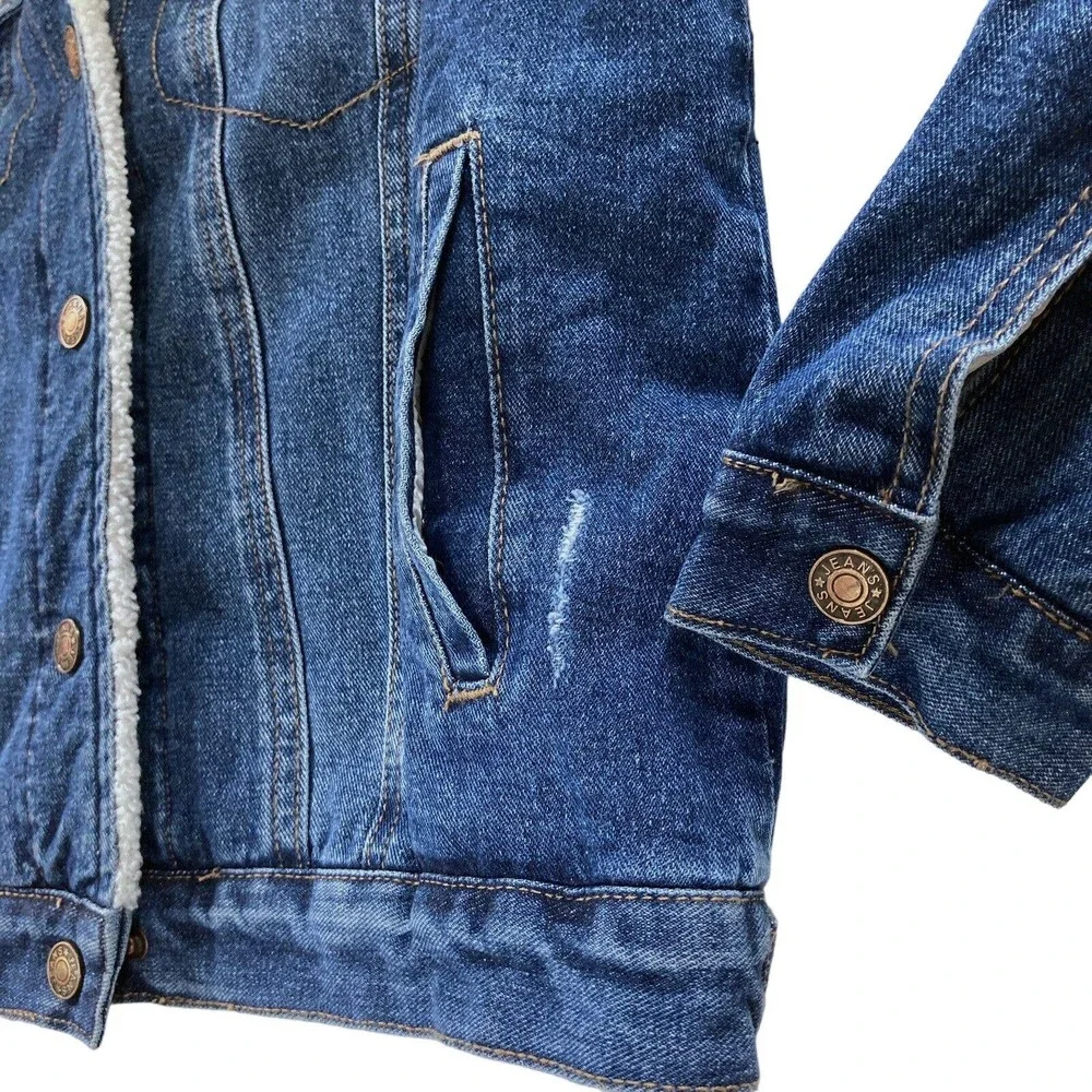 Denim Jacket Womens Small Sherpa Lined Trucker Distressed Fur Collar Cotton Poly